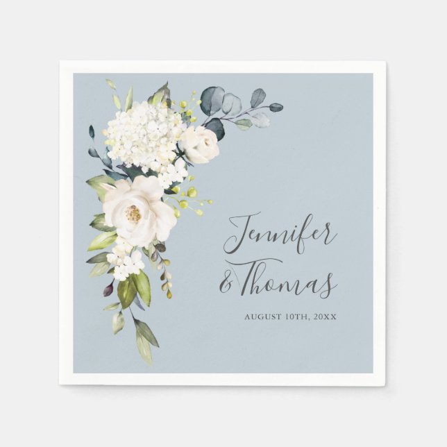 White Roses and Hydrangeas on Blue Floral Wedding Napkins (Front)