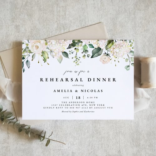 White Roses and Hydrangeas Rehearsal Dinner Invitation