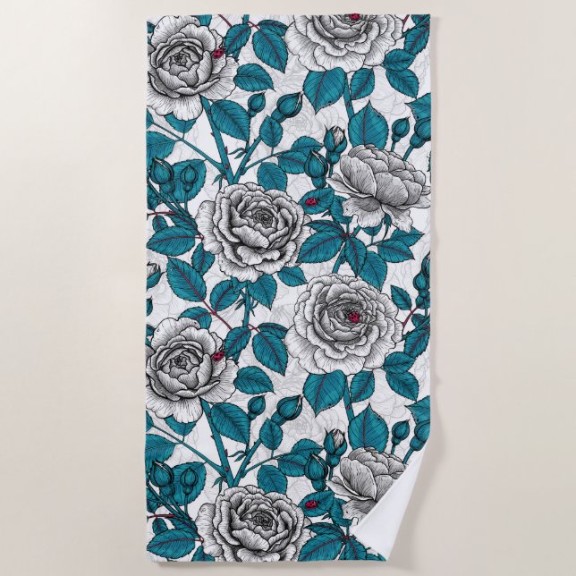 White roses and ladybugs beach towel (Front)