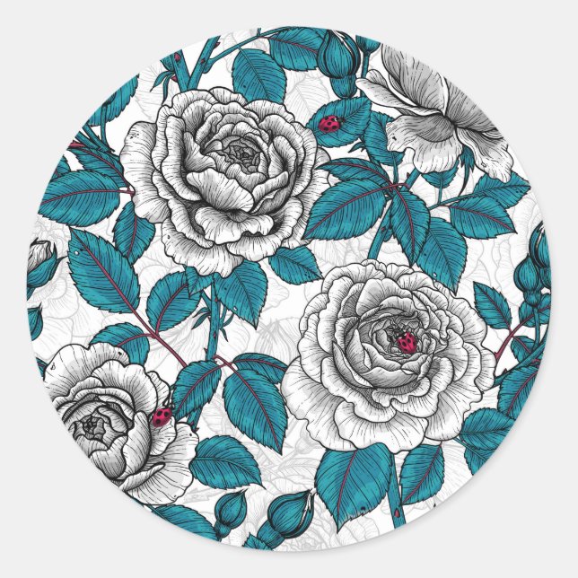 White roses and ladybugs classic round sticker (Front)