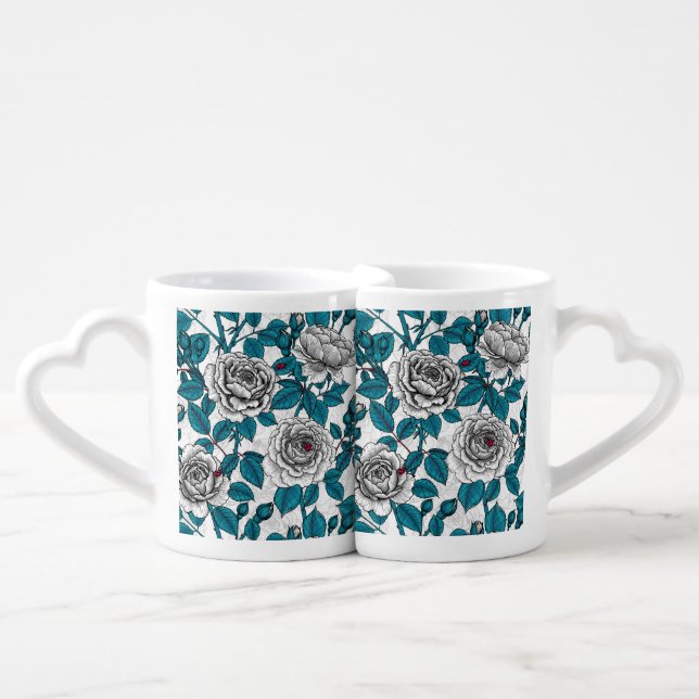 White roses and ladybugs coffee mug set (Front Nesting)