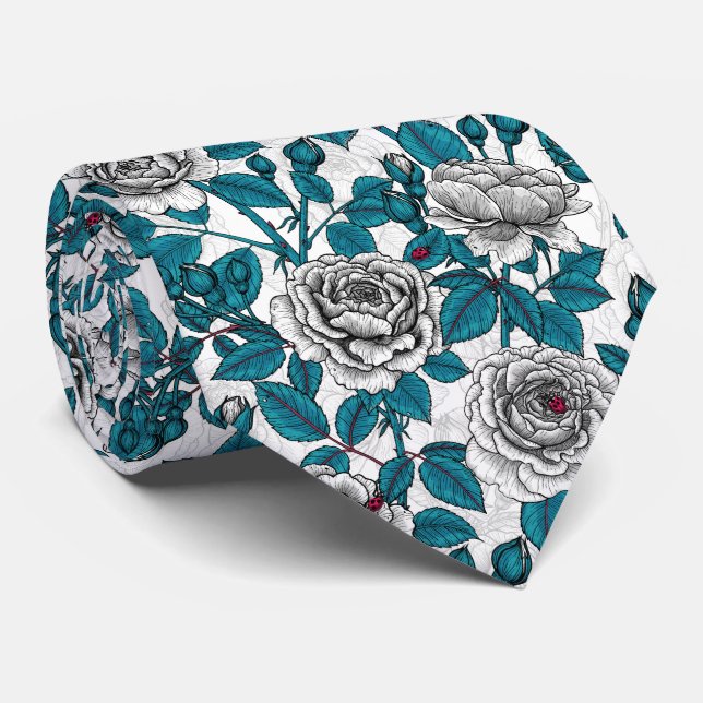 White roses and ladybugs neck tie (Rolled)