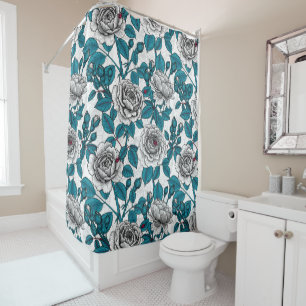 White roses and ladybugs shower curtain