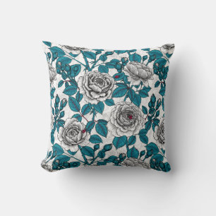 White roses and ladybugs throw pillow