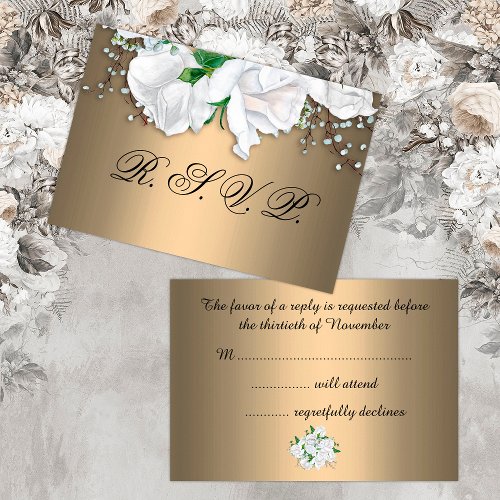 White Roses and Metallic Bronze Wedding RSVP