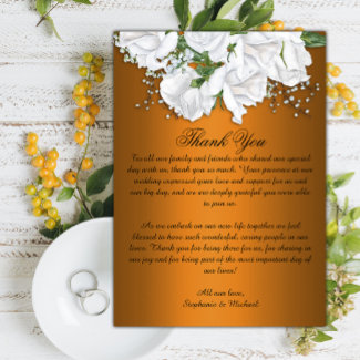 White Roses and Metallic Orange Wedding Thank You Card
