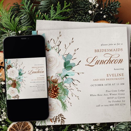 White Roses and Pine Cone Bridesmaids Luncheon Invitation