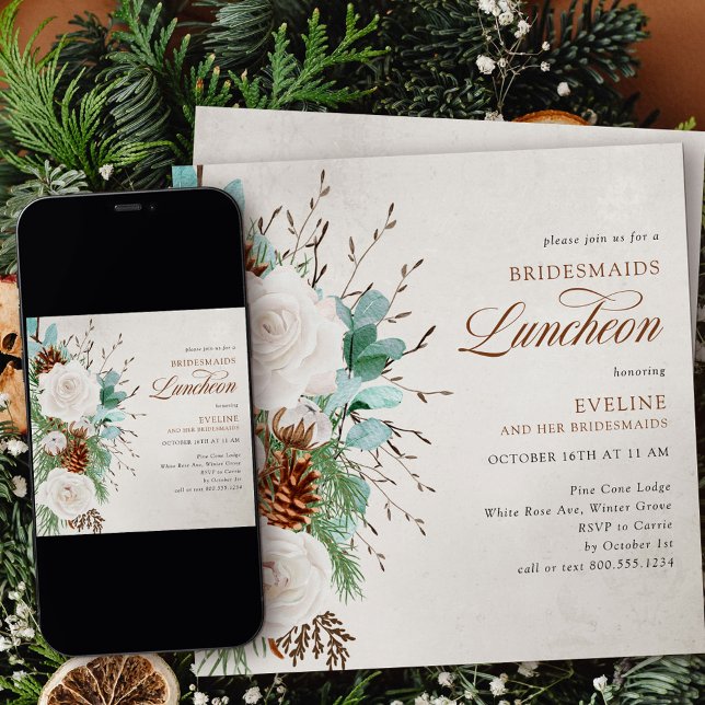 White Roses and Pine Cone Bridesmaids Luncheon Invitation (Bridesmaids Luncheon invitation from my Winter White Roses collection)