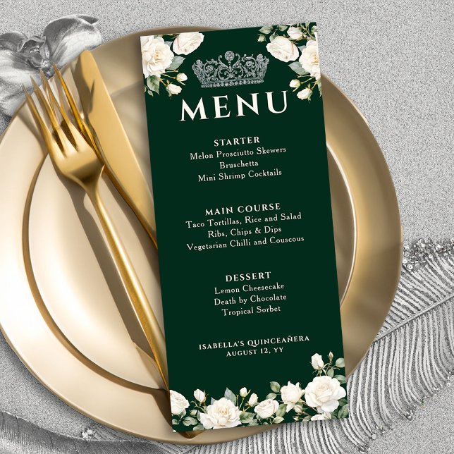 White Roses and Princess Tiara Dark Green Menu (Menu from the Princess Dress and Roses Collection by Darling & May)
