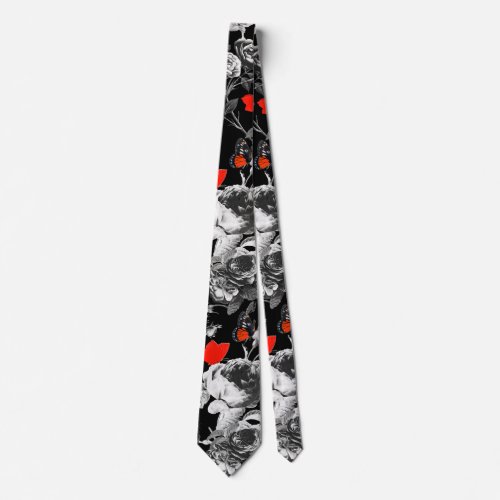 WHITE ROSES AND RED BUTTERFLIES Black Neck Tie
