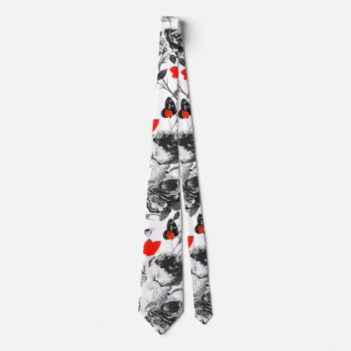 WHITE ROSES AND RED BUTTERFLIES Grey Neck Tie