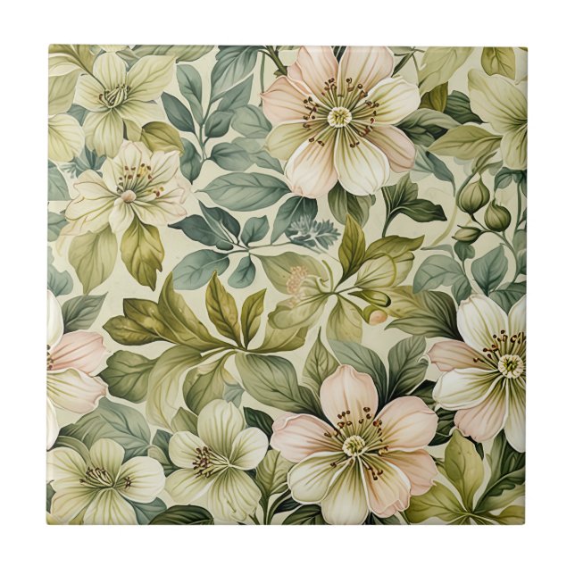 White Roses and Sage Seamless Ceramic Tile (Front)