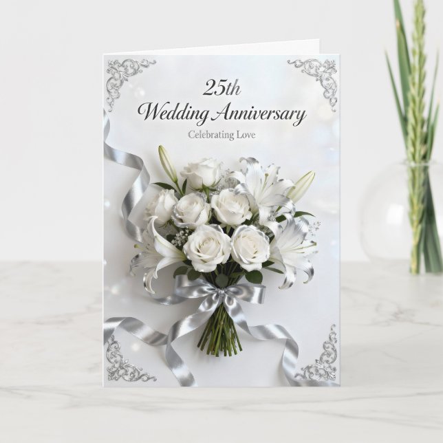 White Roses and Silver Ribbon 25th Anniversary Card (Front)
