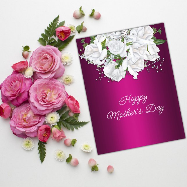 White Roses and Vibrant Pink Mother's Day Postcard (Creator Uploaded)