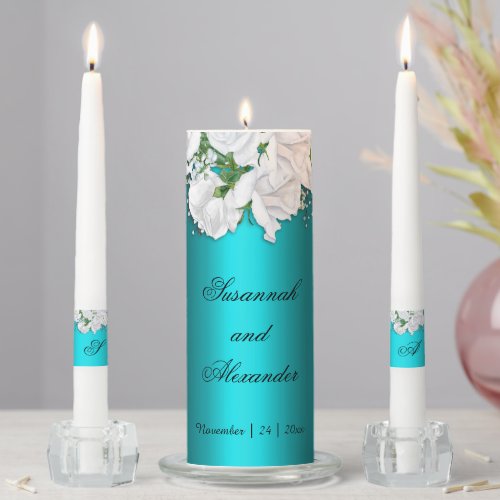 White Roses Aqua Wedding  Unity Candle Set