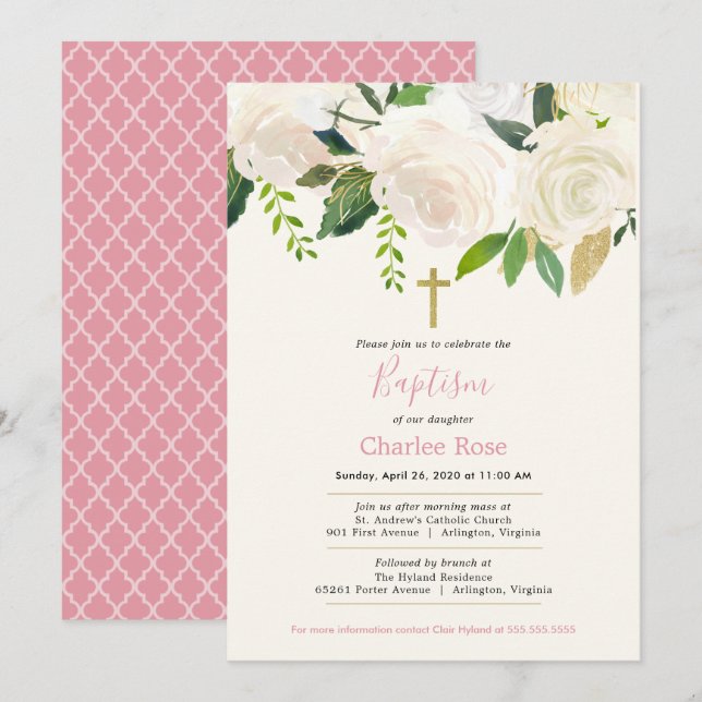 White Roses Baby Baptism and Brunch Pink & Green Invitation (Front/Back)