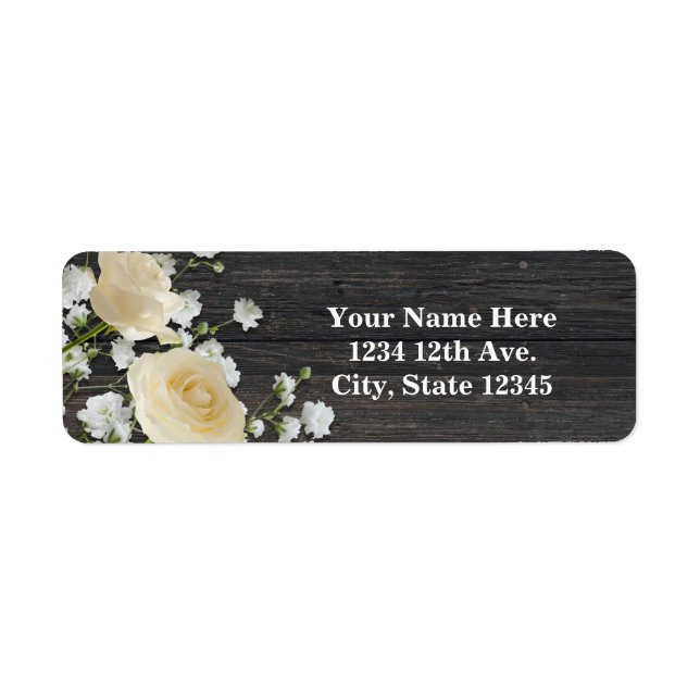 White Roses & Baby's Breath on Wood Bridal Shower Label (Front)