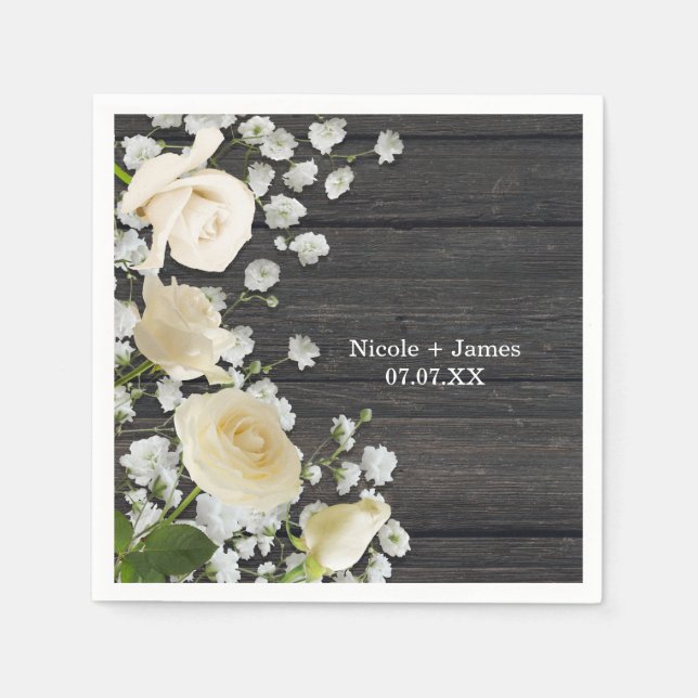 White Roses & Baby's Breath on Wood Bridal Shower Napkins (Front)