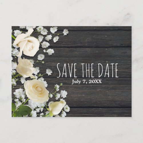 White Roses  Babys Breath on Wood Save The Date Announcement Postcard