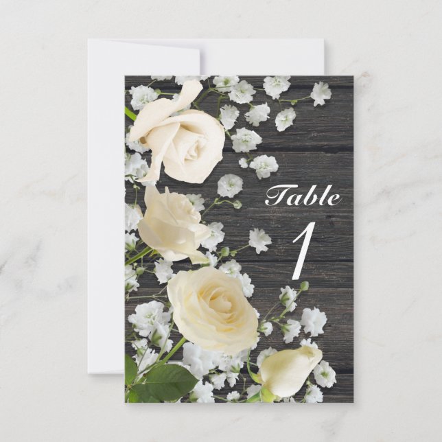 White Roses & Baby's Breath on Wood Table Number (Front)