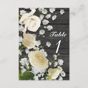 White Roses & Baby's Breath on Wood Table Number