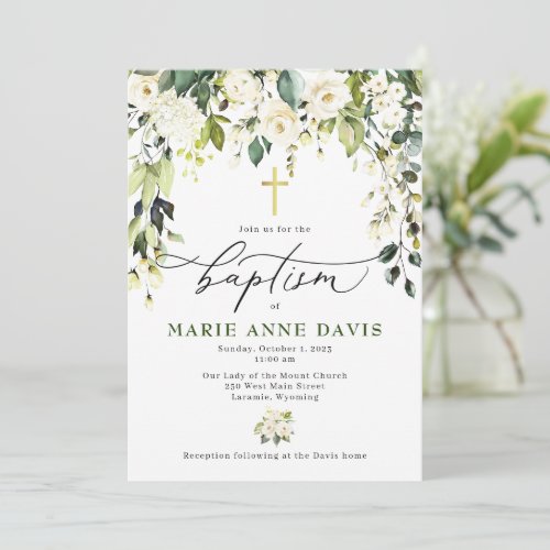 White Roses Baptism Invitation