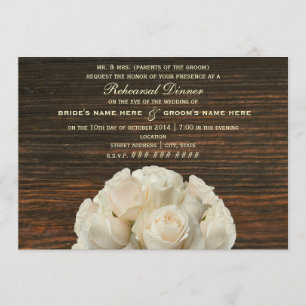 White Roses & Barnwood Rustic Rehearsal Dinner Invitation