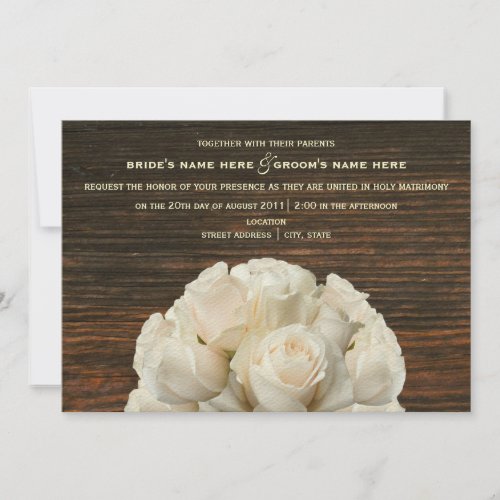 White Roses &amp; Barnwood Rustic Wedding Invitation