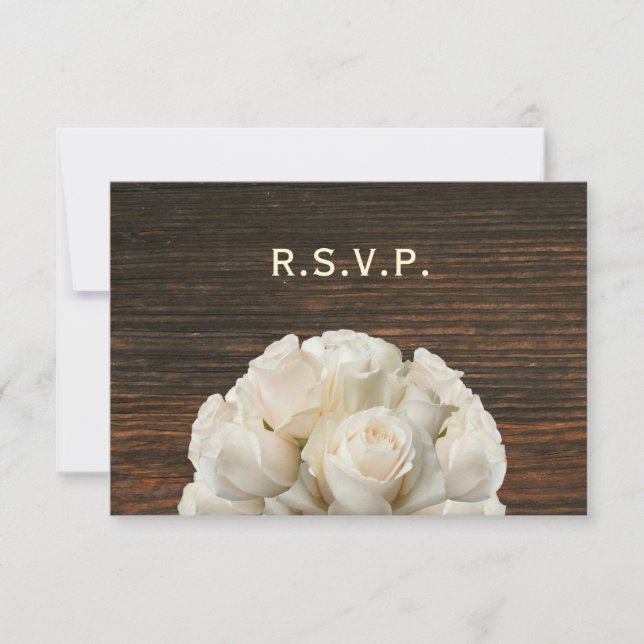 White Roses & Barnwood Rustic Wedding RSVP (Front)