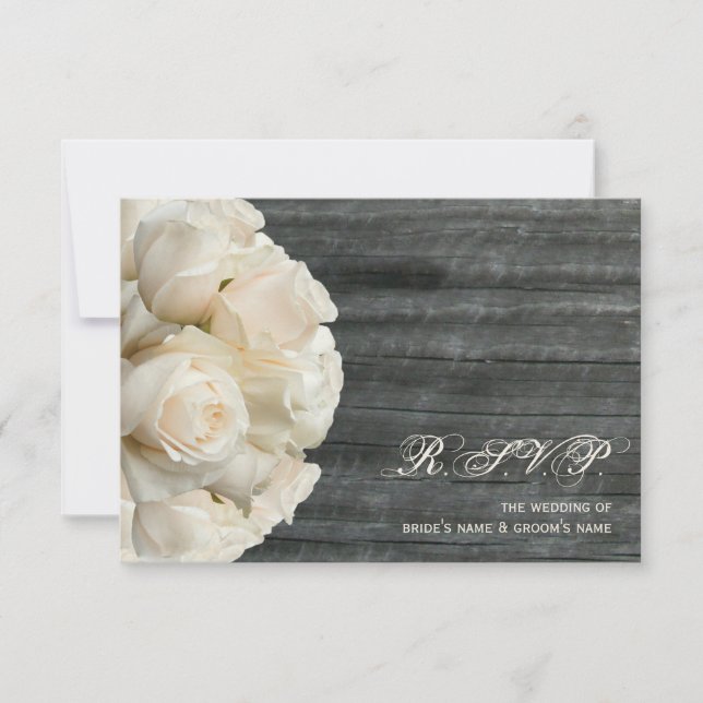 White Roses & Barnwood Wedding RSVP Card (Front)