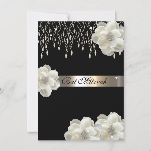White Roses, Bat Mitzvah, Custom Invitation (Front)