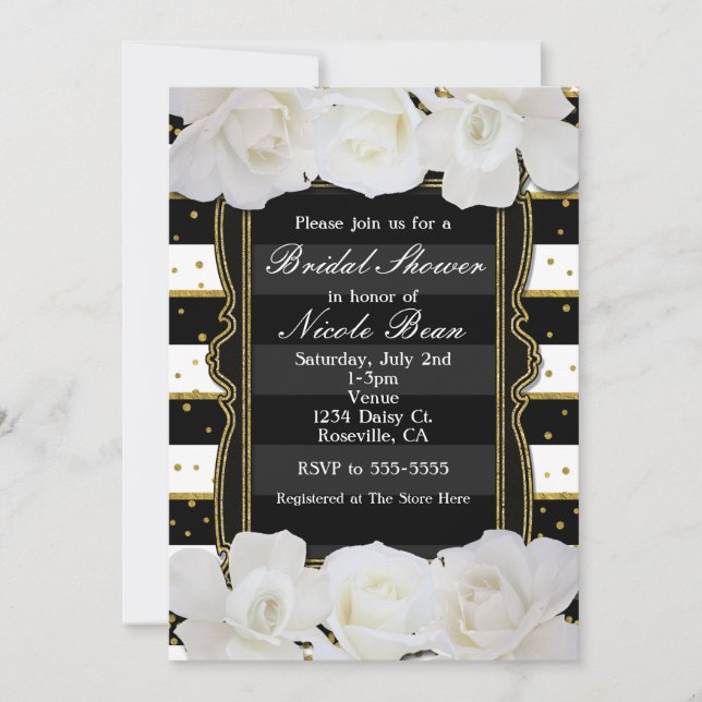 White Roses Black Stripes & Gold Bridal Shower Invitation (Front)