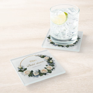 White Roses & Blue Baby’s Breath  Glass Coaster