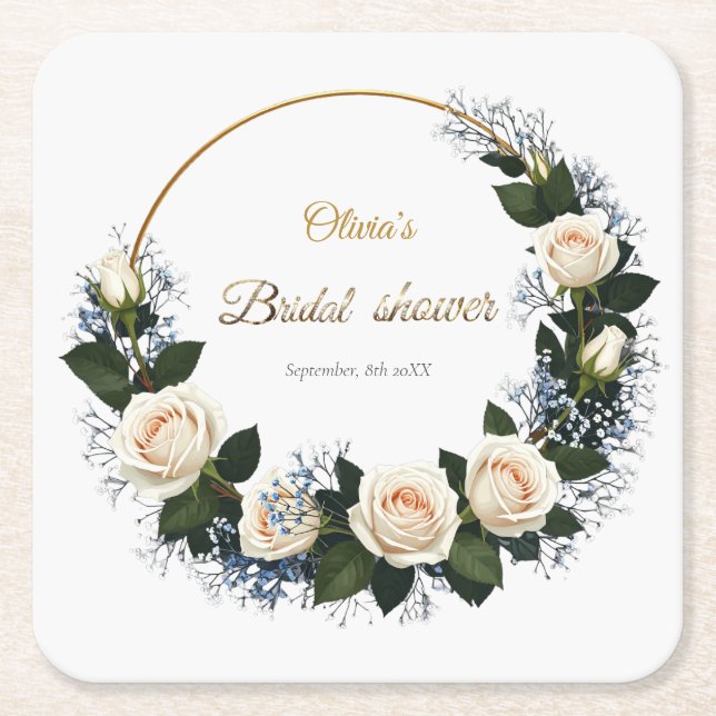 White Roses & Blue Baby’s Breath  Square Paper Coaster (Front)