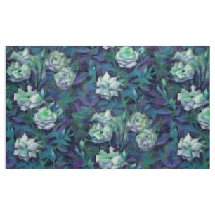 "White roses, blue leaves", nostalgic floral print Fabric