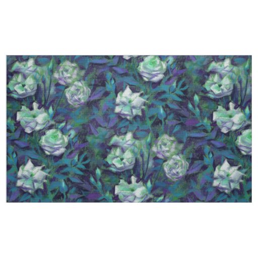 "White roses, blue leaves", nostalgic floral print Fabric