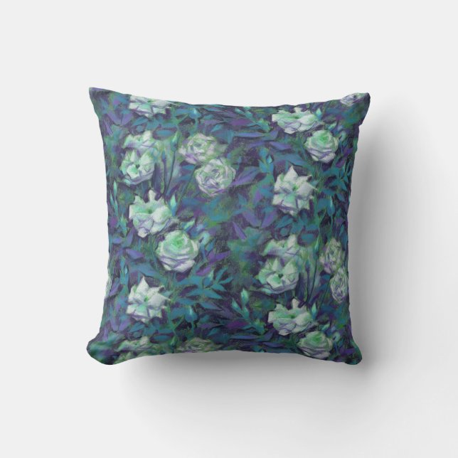 "White roses, blue leaves", nostalgic floral print Throw Pillow (Front)