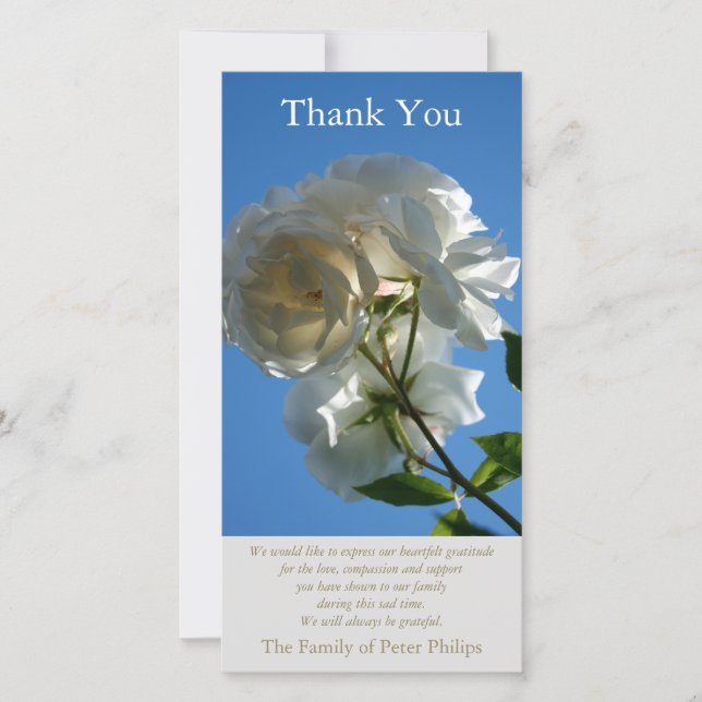 White Roses Blue Sky 1 Sympathy Thank You Card (Front)