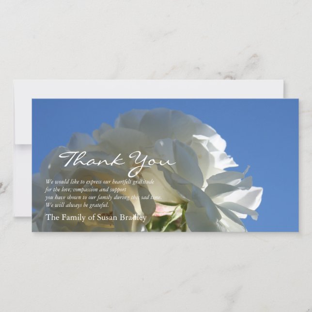 White Roses Blue Sky 3 Sympathy Thank You Card (Front)