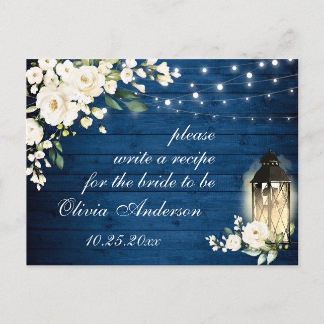 White Roses Blue Wood Bridal Shower Recipe Card (Front)