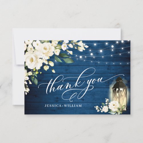 White Roses Blue Wood Lantern Boho Wedding Thank You Card