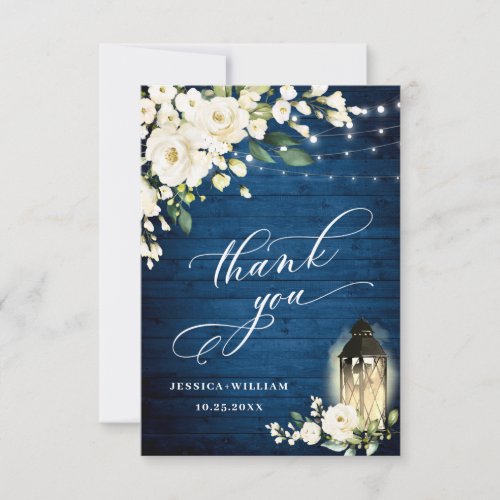 White Roses Blue Wood Lantern Boho Wedding Thank You Card