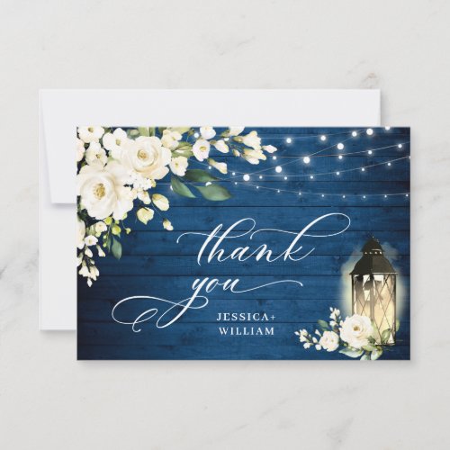 White Roses Blue Wood Lantern Boho Wedding Thank You Card