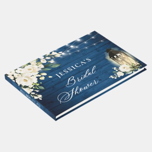 White Roses Blue Wood Lantern Bridal Shower Guest Book