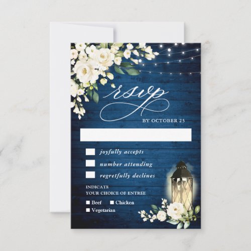 White Roses Blue Wood Lantern Meal Choice RSVP Card