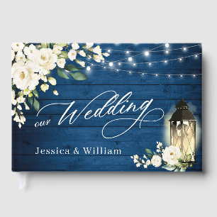 White Roses Blue Wood Lantern PHOTO Wedding Guest Book