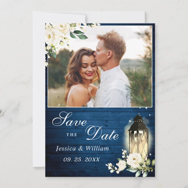 White Roses Blue Wood Lantern Photo Wedding Save The Date (Front)