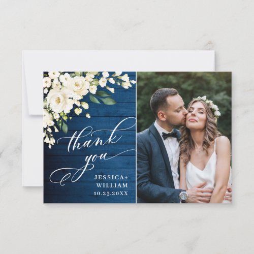 White Roses Blue Wood Lantern Photo Wedding Thank You Card