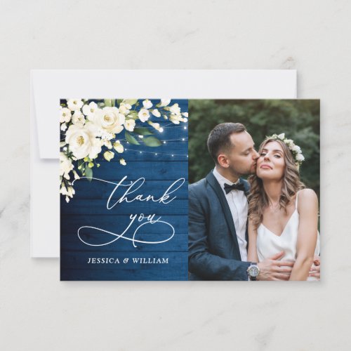 White Roses Blue Wood Lantern Photo Wedding Thank You Card