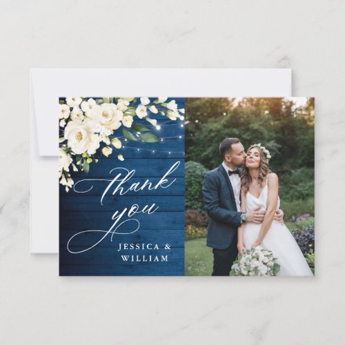 White Roses Blue Wood Lantern Photo Wedding Thank You Card